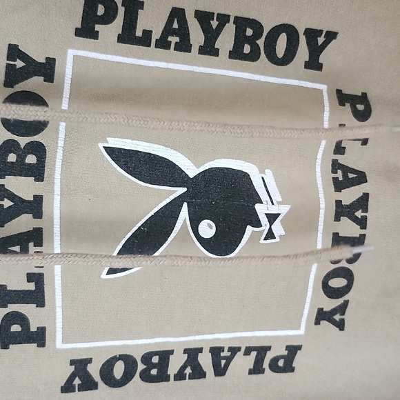 Playboy tan pullover hoodie, box logo, playboy bunny, large. - Picture 6 of 7
